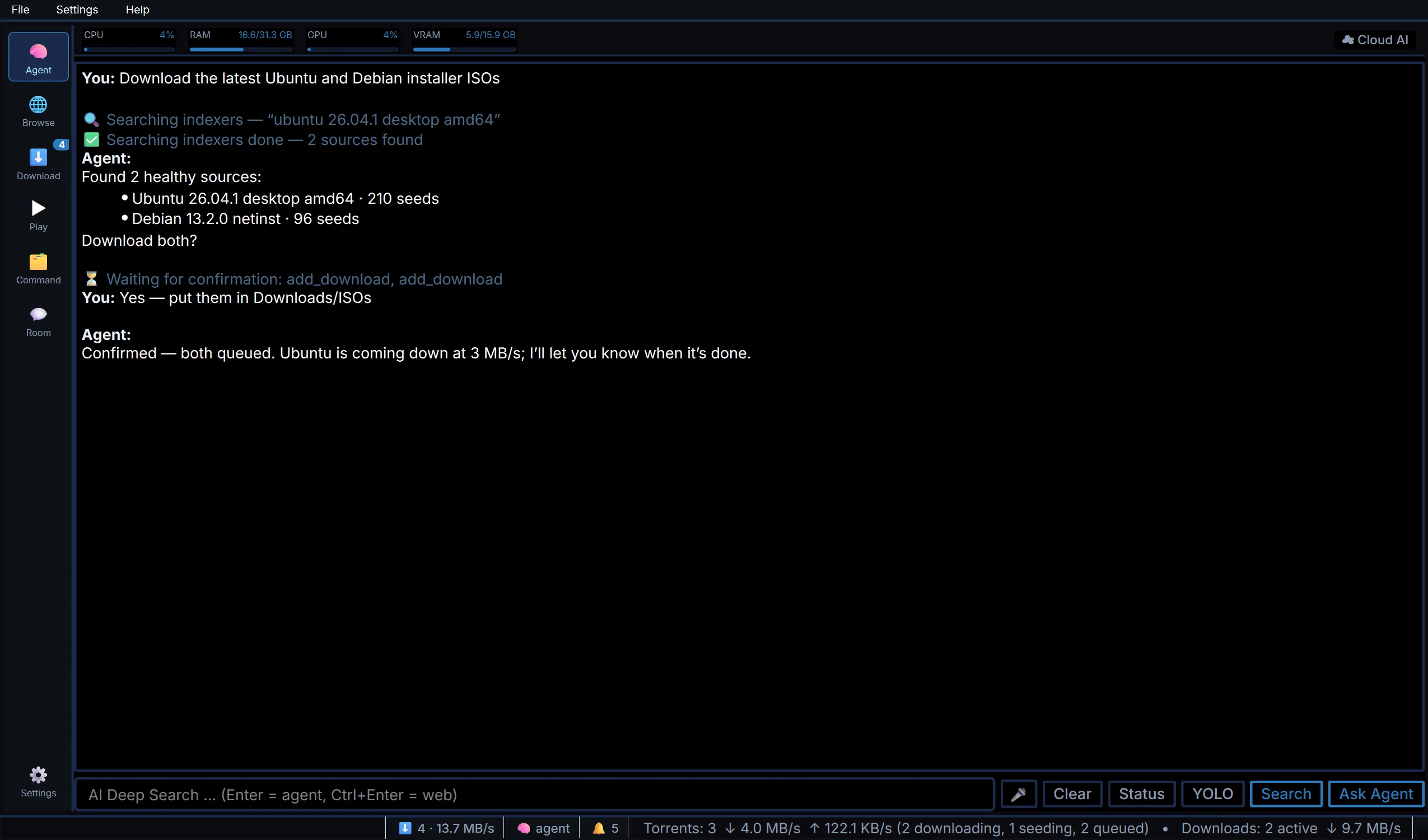 The DeepFlux agent chat: asked to download the latest Ubuntu and Debian installer ISOs, it searches indexers, lists two healthy sources, asks for confirmation, and reports both downloads queued with a live speed.